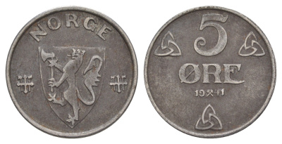 Норвегия 5 эре 1941 Хокон VII (1905-1957) KM 388 железо 4635-535