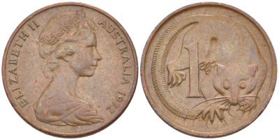 АВСТРАЛИЯ 1 ЦЕНТ 1972 ЕЛИЗАВЕТА II, МОЛОДОЙ ПОРТРЕТ, ОПОССУМ KM 62 бронза 100-759