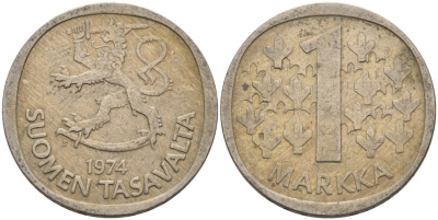 ФИНЛЯНДИЯ 1 МАРКА 1974 KM 49а медно-никель 4573-711
