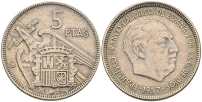 Испания 5 песет 1957(64) Франциско Франко (1939-1975) KM 786 медно-никель 4583-1211