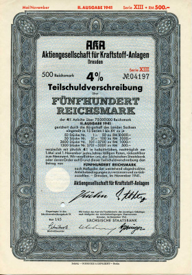 Германия 500 рейхсмарок 1941 АО топливных заводов, Дрезден, также известное как AKA, 4% частичное обязательство, облигация   бумага   8803-35-1