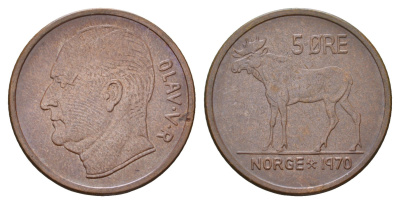 Норвегия 5 эре 1970 Улаф V (1957-1991) KM 405 бронза 24-722