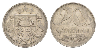 Латвия 20 сантимов 1922 год-тип KM 5 никель 4658-1243