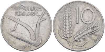 ИТАЛИЯ 10 ЛИР 1955 R, КОЛОСЬЯ, ПЛУГ KM 93 алюминий 67-645