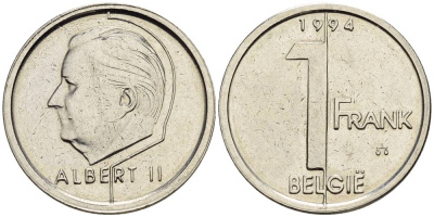 БЕЛЬГИЯ 1 ФРАНК 1994 BELGIE, АЛЬБЕРТ II (1993-) KM 188 сталь плакированная никелем 4528-1033