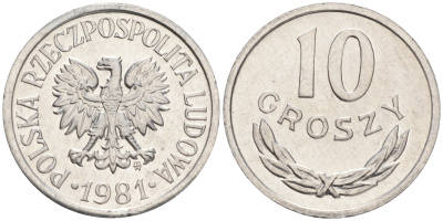 ПОЛЬША 10 ГРОШЕЙ 1981 MW KM АА47 алюминий UNC 192-114