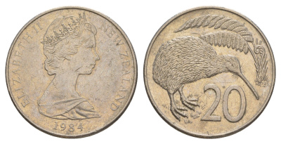 Новая Зеландия 20 центов 1984 Елизавета II (1952-2022), птичка киви KM 36.2 медно-никель 4182-1241