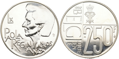 Бельгия 250 франков 1997 60 лет со дня рождения королеве Паоле KM 207 серебро UNC 1096-2-41