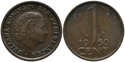НИДЕРЛАНДЫ 1 ЦЕНТ 1950 ЮЛИАНА KM 180 бронза 80-743