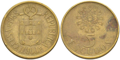 ПОРТУГАЛИЯ 5 ЭСКУДО 1988 KM 632 никель латунь 4513-1121