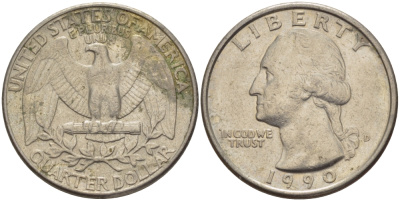 США 25 центов = квотер 1990 D, Вашингтон KM А164а медь плакированная медно-никелем 31-755