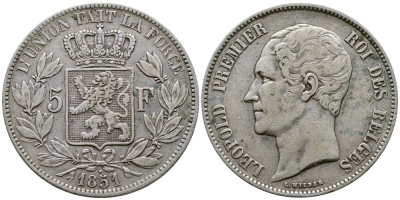 Бельгия 5 франков 1851 Леопольд I (1831-1865), точка над датой KM 17 серебро 00-1067-3-63