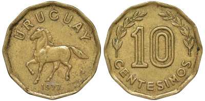 Уругвай 10 сентесимо 1977 KM 66 алюминиевая бронза 4164-757