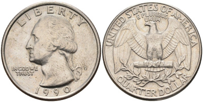 США 25 центов = квотер 1990 D, Вашингтон KM A164a медь плакированная медно-никелем 4584-1253