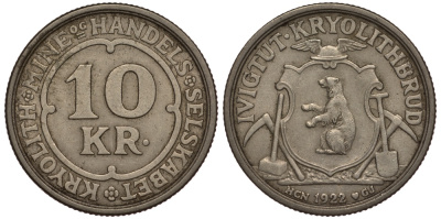 Гренландия 10 крон 1922 криолитовые шахты KM Tn49 медно-никель 1527-713