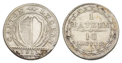 Швейцарские Кантоны, Люцерн 1 батцен = 10 раппенов 1813 год-тип KM 107 серебро 650-1142