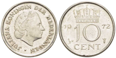 Нидерланды 10 центов 1972 Юлиана (1948-1980) KM 182 никель 214-1257