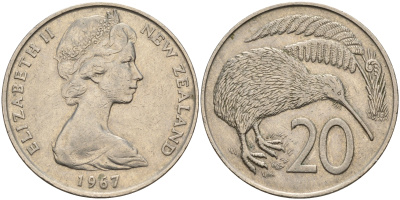 Новая Зеландия 20 центов 1967 Елизавета II (1952-2022), птичка киви KM 36.1 медно-никель  4599-612