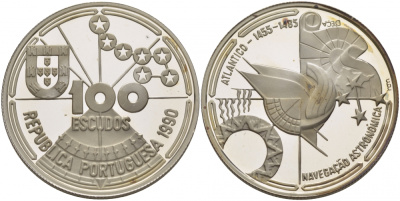 Португалия 100 эскудо 1990 серия золотой век португальских открытий, навигация по звездам KM 649а серебро PROOF 1081-4-23