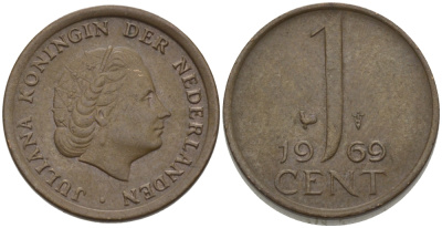 НИДЕРЛАНДЫ 1 ЦЕНТ 1969 ЮЛИАНА KM 180 бронза 96-1232