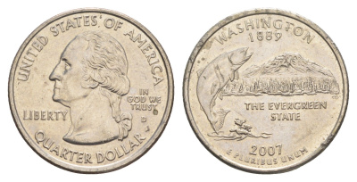 США 25 центов (квотер, 1/4 доллара) 2007 D, серия штаты США, штат Вашингтон KM 397 медь плакированная медно-никелем UNC 4652-851