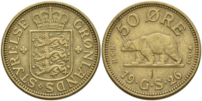 Гренландия 50 эре 1926 NCN; CJ, медведь, датская колония, Кристиан X (1912-1947) KM 7 алюминиевая бронза 3711-2124