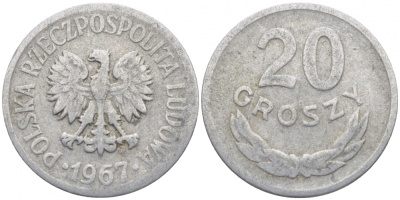 ПОЛЬША 20 ГРОШЕЙ 1967 MW KM А47 алюминий 4448-345
