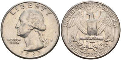 США 25 центов = квотер 1985 D, Вашингтон KM A164a медь плакированная медно-никелем 4584-1226