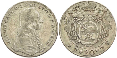 Австрия, Зальцбург 20 крейцеров 1778 М, Иеронимус фон Коллоредо (1772-1812) KM 431, Zottl 3273 серебро 413-1134