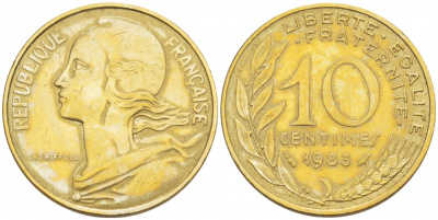 ФРАНЦИЯ 10 САНТИМОВ 1983 ТИП MARIANNE KM 929 медь алюминий никель 110-127