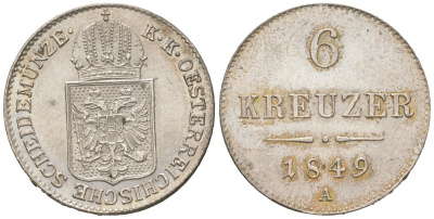 Австрия 6 крейцеров 1849 A, Франц Иосиф I (1848-1916) KM 2200 серебро UNC 1527-121