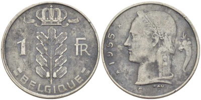 БЕЛЬГИЯ 1 ФРАНК 1953 BELGIQUE, БОДУЭН I (1951-1993) KM 142.1 медно-никель 213-456