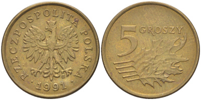 ПОЛЬША 5 ГРОШЕЙ 1991 MW KM 278 латунь 187-861