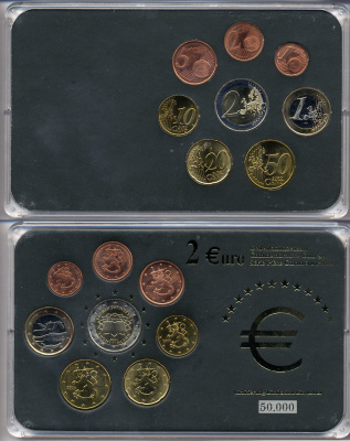 Финляндия евронабор от 1 евроцента до 2 евро  включает 2 евро 2007 Римский договор, планшет  биметалл, медно-никель  UNC  3-6-5-14