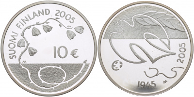 Финляндия 10 евро 2005 60 лет мира в Европе, голубь мира KM 120 серебро PROOF 11-091-14