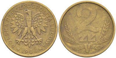 ПОЛЬША 2 ЗЛОТЫХ 1984 MW KM 80.1 латунь 187-951