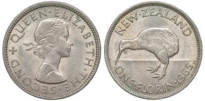 Новая Зеландия 1 флорин 1965 Елизавета II (1952-2022), птичка киви KM 28.2 медно-никель XF-UNC 51-612