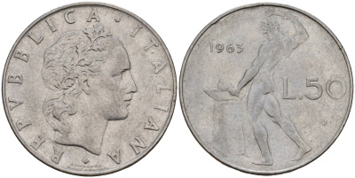 Италия 50 лир 1963 R, бог Вулкан у наковальни KM 95.1 нержавеющая сталь 4156-725