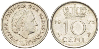 НИДЕРЛАНДЫ 10 ЦЕНТОВ 1973 ЮЛИАНА (1948-1980) KM 182 никель 214-1266
