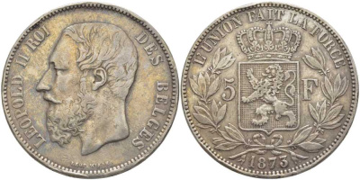 Бельгия 5 франков 1873 Леопольд II (1865-1909), позиция А KM 24 серебро 5010-942