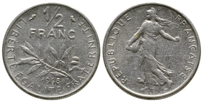 Франция 1/2 франка 1968 KM 931.1 никель 3461-252