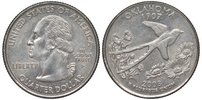 США 25 центов = квотер 2008 P, серия штаты США, Оклахома KM 421 медь плакированная медно-никелем 4525-527