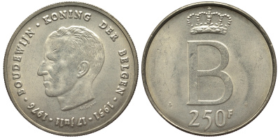 Бельгия 250 франков 1976 25 лет правления Бодуэна I, der Belgen KM 158.1 серебро 1530-331