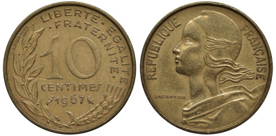 Франция 10 сантимов 1967 тип Marianne KM 929, Le Franc 144.7 медь алюминий никель 186-855