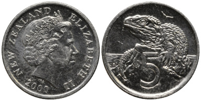 Новая Зеландия 5 центов 2000 ящерица гаттерия, Елизавета II (1952-) KM 116 медно-никель 176-867