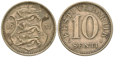 Эстония 10 центов 1931 Республика (1918-1941) KM 12 никель бронза 4615-1132
