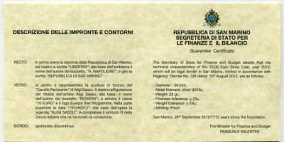 Сан-Марино 10 евро 2012 100 лет со дня рождения архитектора Алиджи Сассу, коробка, сертификат, SM 161 серебро PROOF 2-5-2-7