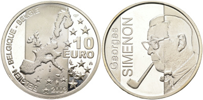 Бельгия 10 евро 2003 100 лет со дня рождения Жоржа Сименона KM 235 серебро PROOF 02-070-24