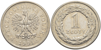 ПОЛЬША 1 ЗЛОТЫЙ 1991 MW KM 282 медно-никель 175-1157