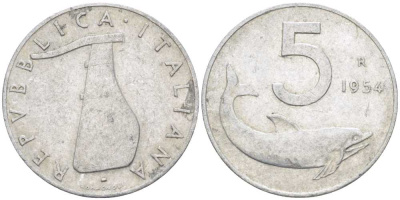 ИТАЛИЯ 5 ЛИР 1954 R, РУЛЬ, ДЕЛЬФИН KM 92 алюминий 24-1225